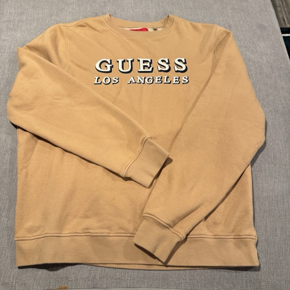 Guess Los Angeles Sweater Tan Medium Embossed Letters Soft